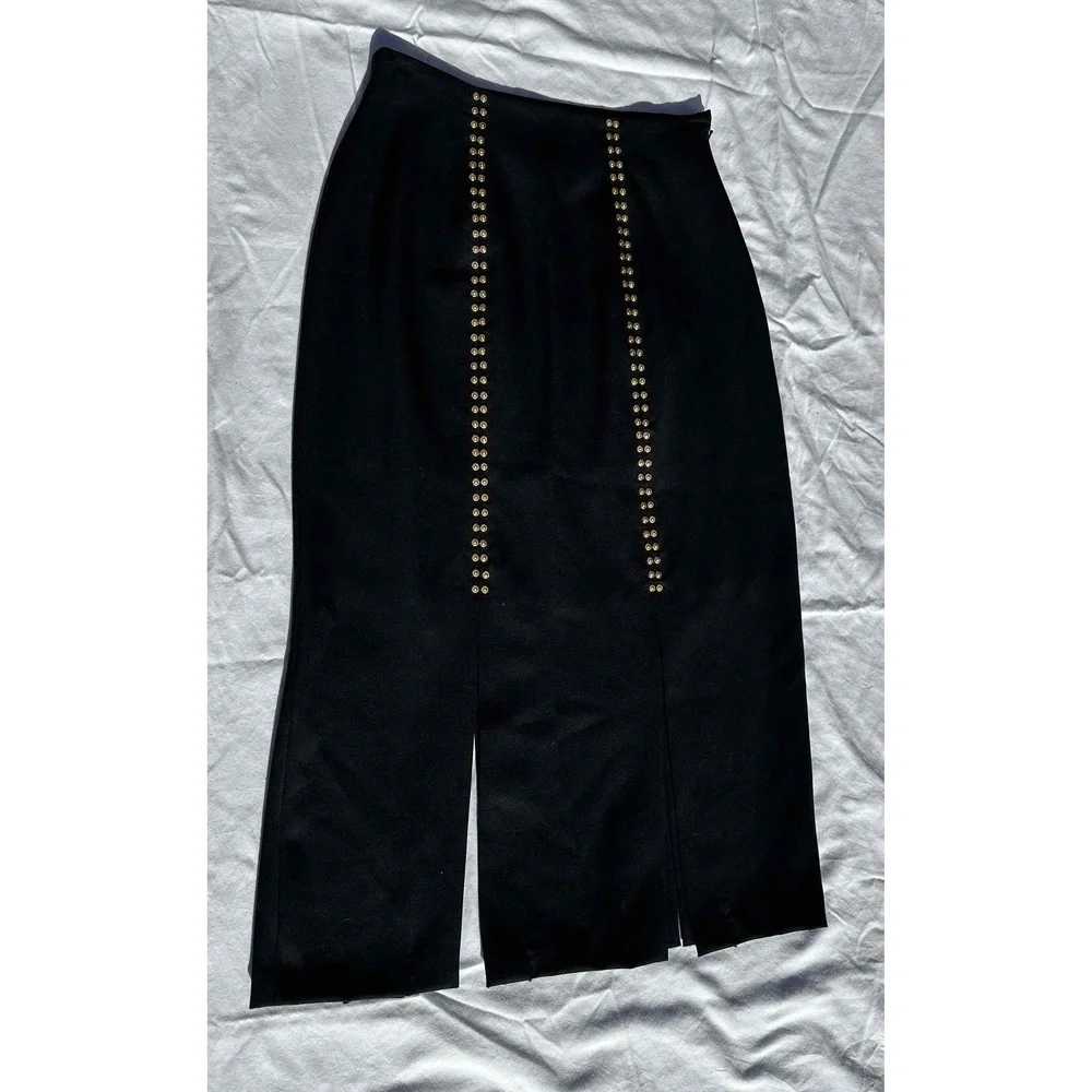 Erez Collections Midi Bedazzled Skirt 100% Wool Gold Studs Slits Black Women's S
